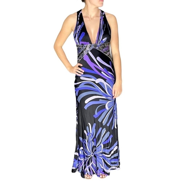 SUE WONG Y2K SILK PLUNGE HALTER STUDDED FLORAL SEXY CUTOUT FORMAL GOWN DRESS - Picture 3 of 16